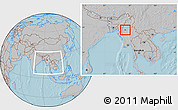 Gray Location Map of Ye-U, within the entire country, hill shading