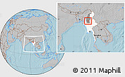 Gray Location Map of Ye-U, highlighted country, highlighted parent region, within the entire country, hill shading