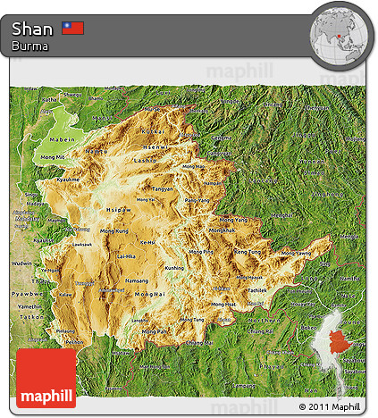 Physical 3D Map of Shan, satellite outside