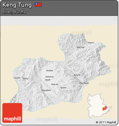 Classic Style 3D Map of Keng Tung, single color outside