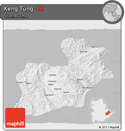 Gray 3D Map of Keng Tung, single color outside