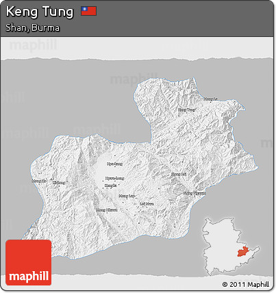 Gray 3D Map of Keng Tung, single color outside