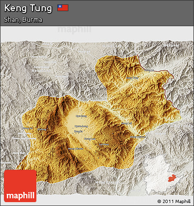 Physical 3D Map of Keng Tung, lighten, semi-desaturated