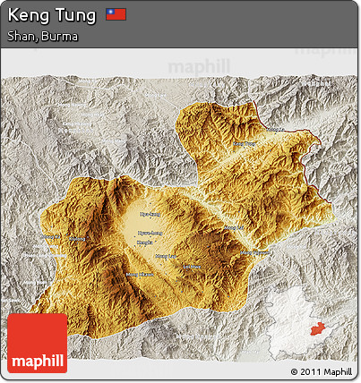Physical 3D Map of Keng Tung, lighten, semi-desaturated