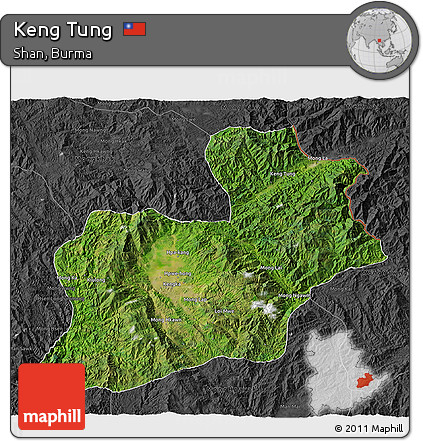 Satellite 3D Map of Keng Tung, darken, desaturated