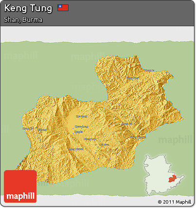 Savanna Style 3D Map of Keng Tung, single color outside