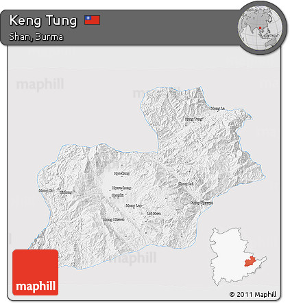 Silver Style 3D Map of Keng Tung, single color outside