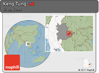 Savanna Style Location Map of Keng Tung, highlighted country, highlighted parent region, hill shading