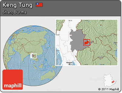 Savanna Style Location Map of Keng Tung, highlighted country, highlighted parent region, hill shading