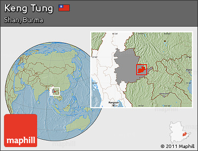 Savanna Style Location Map of Keng Tung, highlighted country, highlighted parent region, hill shading