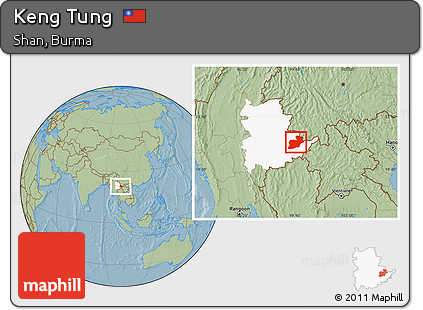 Savanna Style Location Map of Keng Tung, highlighted parent region, hill shading