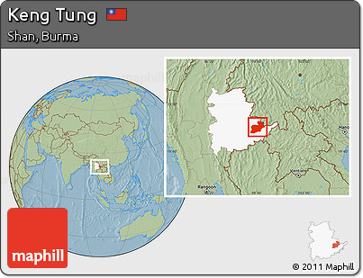 Savanna Style Location Map of Keng Tung, highlighted parent region, hill shading