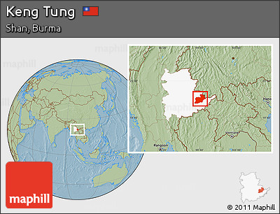Savanna Style Location Map of Keng Tung, highlighted parent region, hill shading