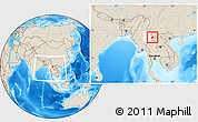 Shaded Relief Location Map of Keng Tung, highlighted parent region, within the entire country