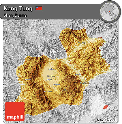 Physical Map of Keng Tung, lighten, desaturated