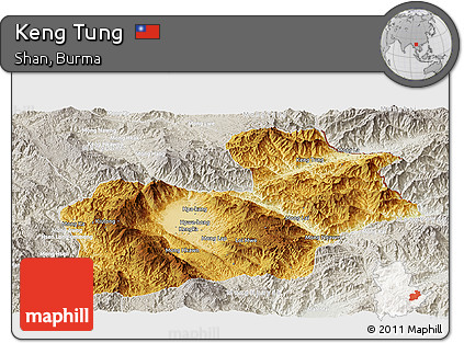 Physical Panoramic Map of Keng Tung, lighten, semi-desaturated