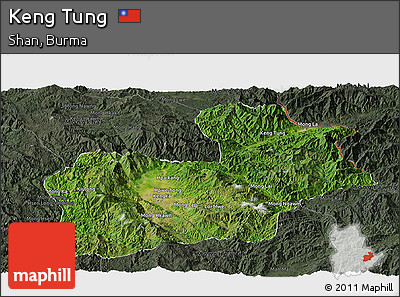 Satellite Panoramic Map of Keng Tung, darken, semi-desaturated
