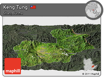 Satellite Panoramic Map of Keng Tung, darken, semi-desaturated
