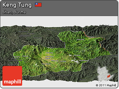 Satellite Panoramic Map of Keng Tung, darken, semi-desaturated