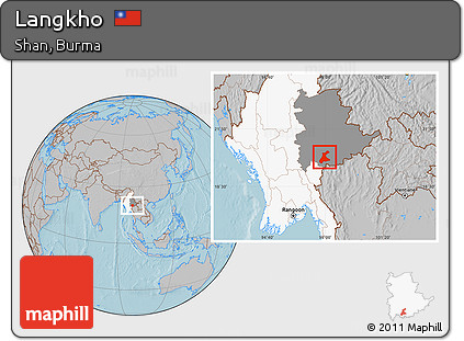 Gray Location Map of Langkho, highlighted country, highlighted parent region, hill shading