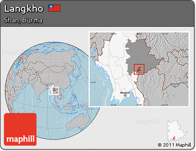 Gray Location Map of Langkho, highlighted country, highlighted parent region, hill shading
