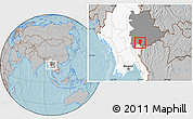 Gray Location Map of Mawkmai, highlighted country, highlighted parent region, hill shading