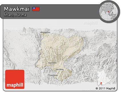 Shaded Relief Panoramic Map of Mawkmai, lighten, semi-desaturated
