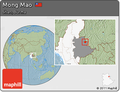 Savanna Style Location Map of Mong Mao, highlighted country, highlighted parent region, hill shading