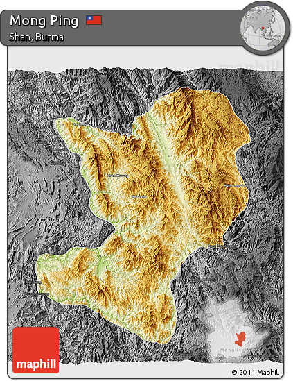 Physical 3D Map of Mong Ping, darken, desaturated