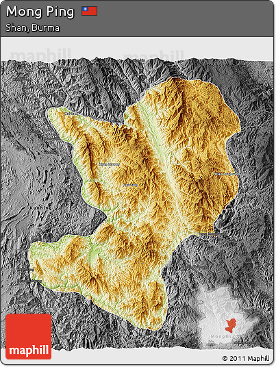 Physical 3D Map of Mong Ping, darken, desaturated