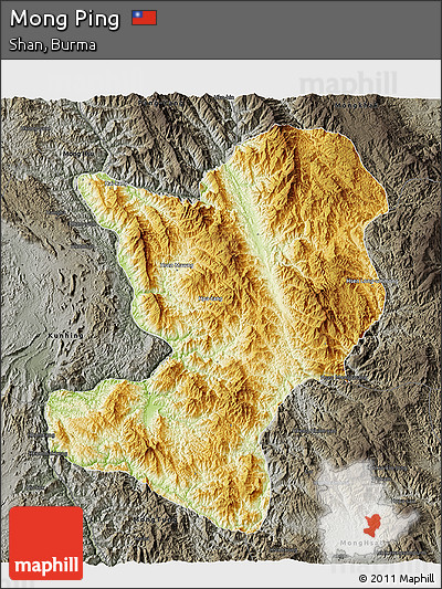 Physical 3D Map of Mong Ping, darken, semi-desaturated