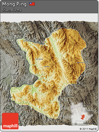Physical 3D Map of Mong Ping, darken, semi-desaturated