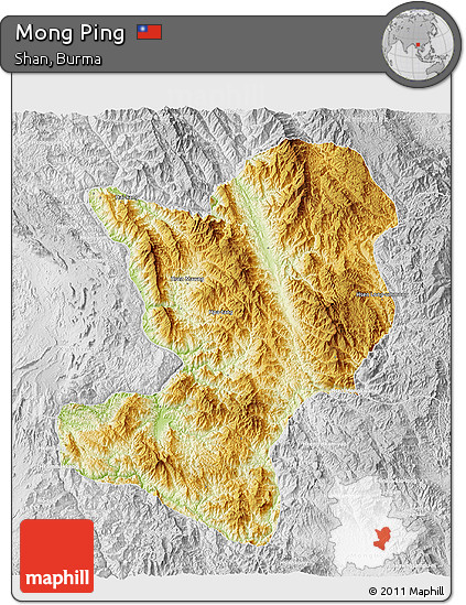 Physical 3D Map of Mong Ping, lighten, desaturated