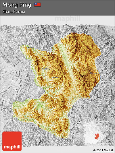 Physical 3D Map of Mong Ping, lighten, desaturated