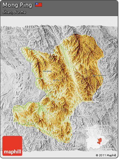Physical 3D Map of Mong Ping, lighten, desaturated