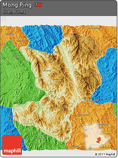 Physical 3D Map of Mong Ping, political outside