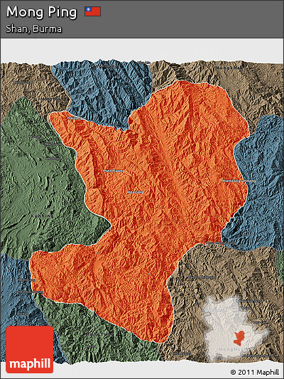Political 3D Map of Mong Ping, darken, semi-desaturated