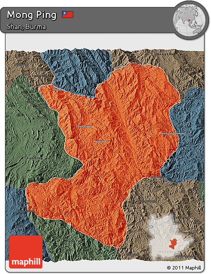 Political 3D Map of Mong Ping, darken, semi-desaturated