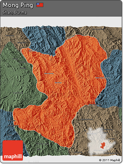 Political 3D Map of Mong Ping, darken, semi-desaturated