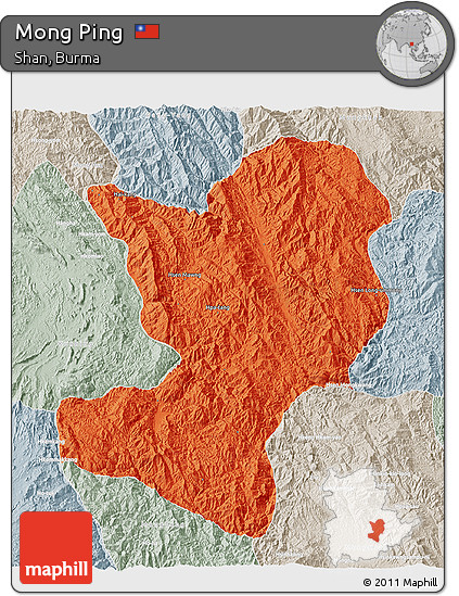 Political 3D Map of Mong Ping, lighten, semi-desaturated