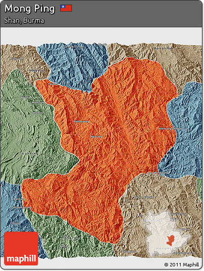Political 3D Map of Mong Ping, semi-desaturated