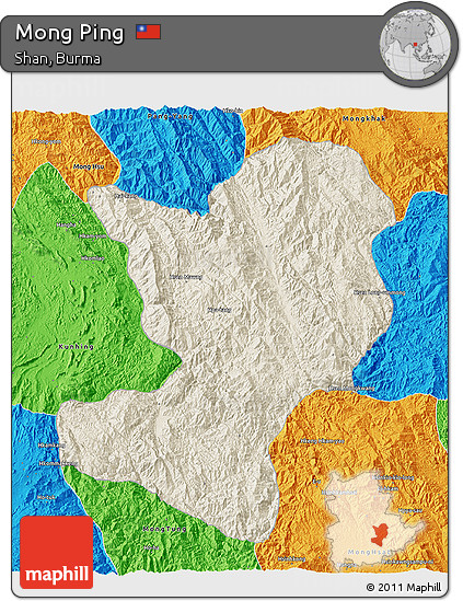 Shaded Relief 3D Map of Mong Ping, political outside