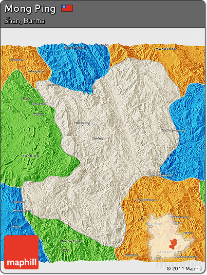 Shaded Relief 3D Map of Mong Ping, political outside