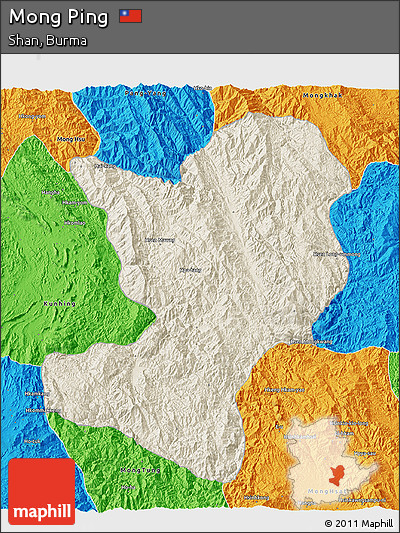Shaded Relief 3D Map of Mong Ping, political outside