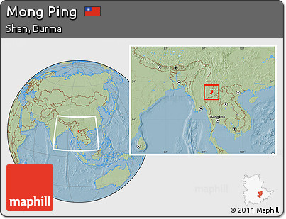 Savanna Style Location Map of Mong Ping, within the entire country, hill shading