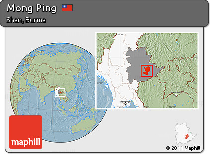 Savanna Style Location Map of Mong Ping, highlighted country, highlighted parent region, hill shading