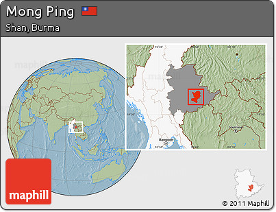 Savanna Style Location Map of Mong Ping, highlighted country, highlighted parent region, hill shading