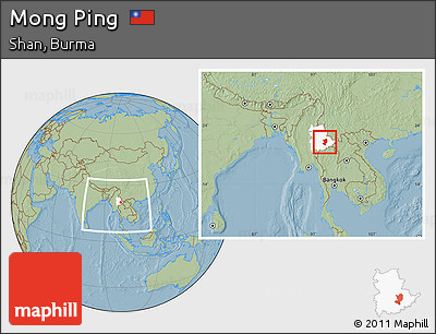 Savanna Style Location Map of Mong Ping, highlighted parent region, within the entire country, hill shading