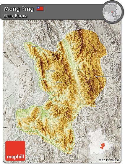 Physical Map of Mong Ping, lighten, semi-desaturated