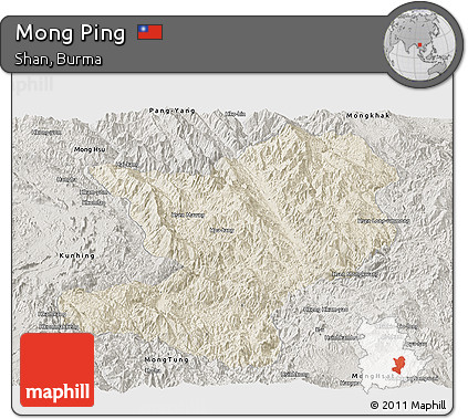 Shaded Relief Panoramic Map of Mong Ping, semi-desaturated